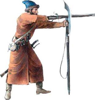 Русский воин-стрелец, вооруженный фитильным мушкетом. В качестве упора для стрельбы используется бердыш (XVII в.)